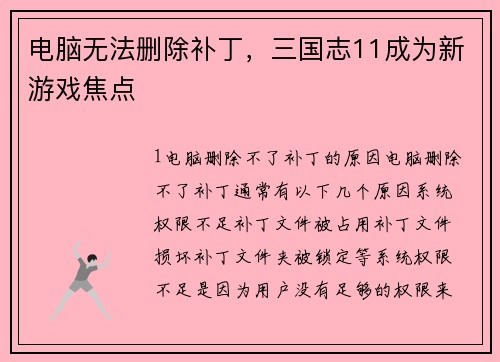 电脑无法删除补丁，三国志11成为新游戏焦点